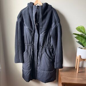 Free People Black Hooded Sherpa & Nylon Mixed Coat